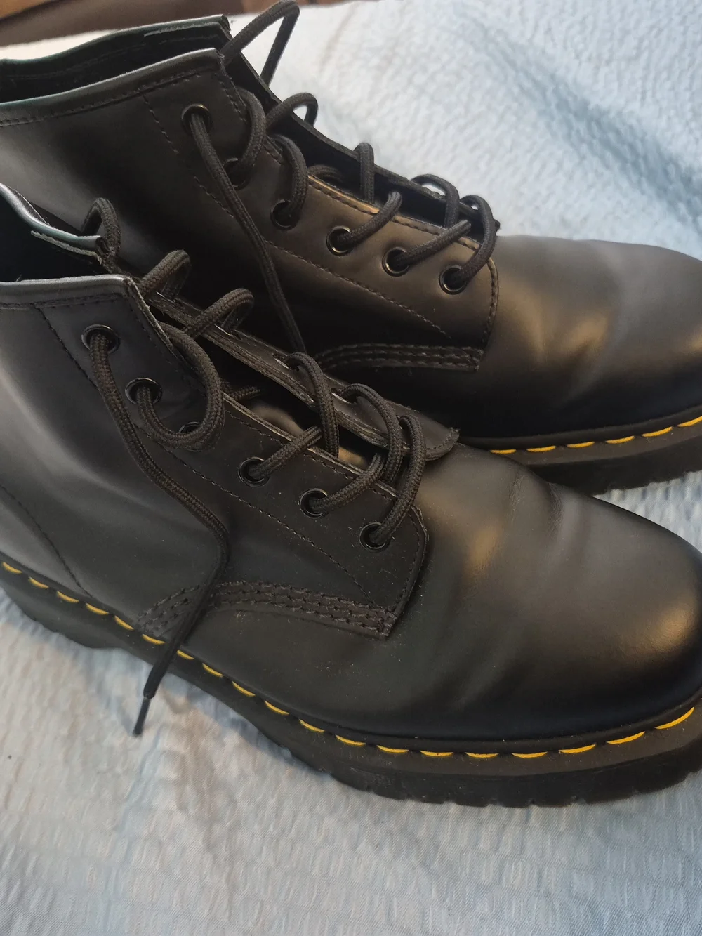Men's Dr. Martens Black Leather Lace-Up Boots with Yellow Stitch Detail